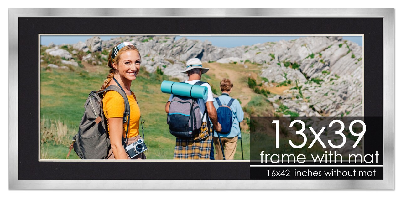 13x39 Frame with Mat - Silver 16x42 Frame Wood Made to Display Print or Poster Measuring 13 x 39 Inches with Black Photo Mat